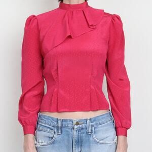 Vintage 1980s Puff Sleeve Cropped Peplum Button Back Blouse XS